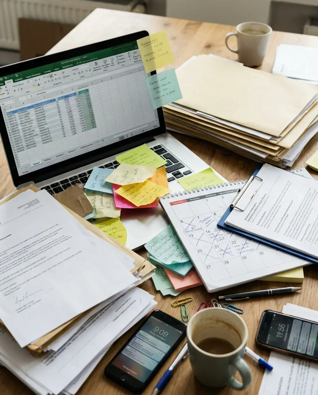 Ein überladener Schreibtisch voller Zettel und Excel-Tabellen