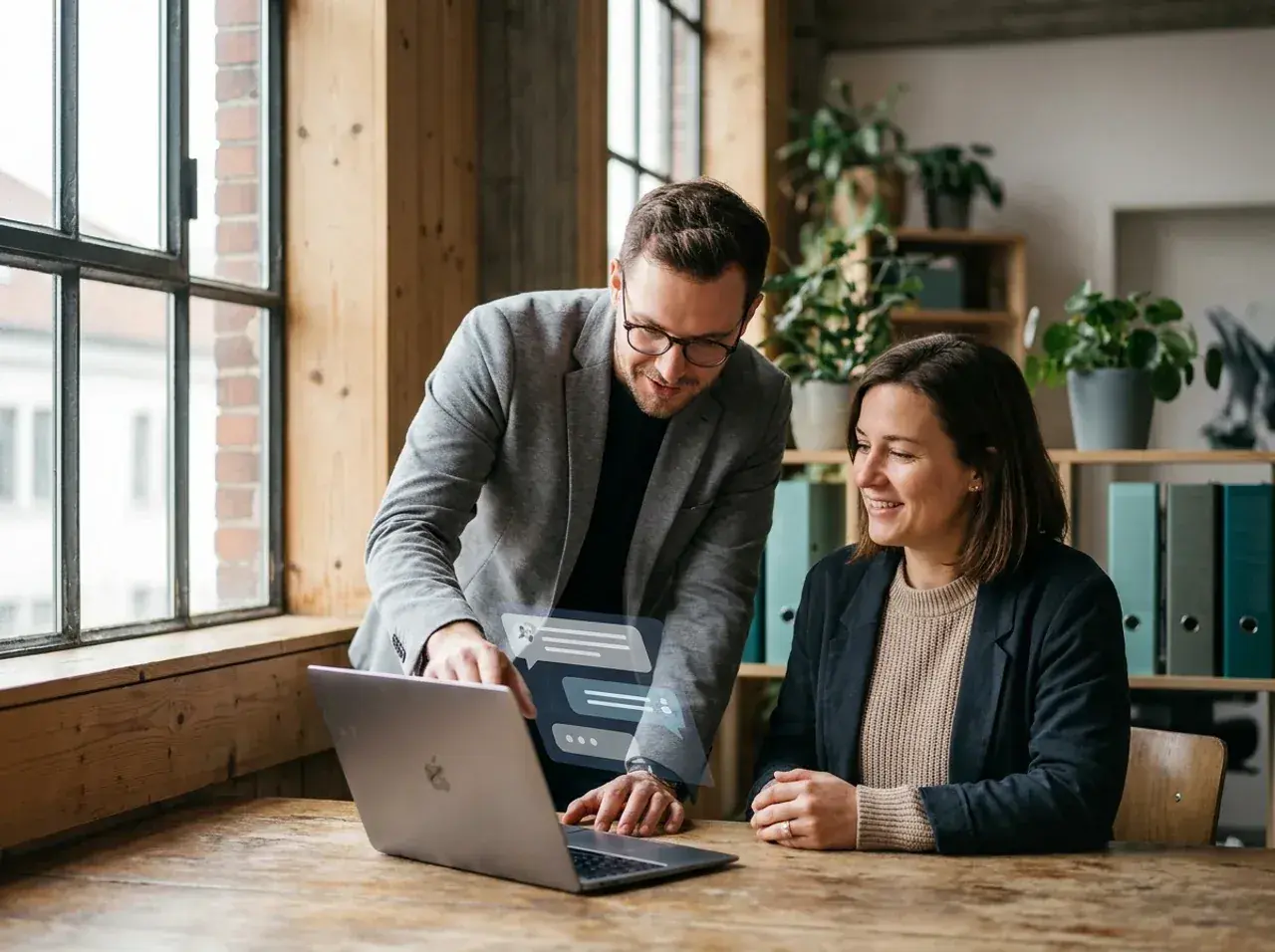 Ein KI-Berater zeigt einer Unternehmerin einen Assistenten am Laptop