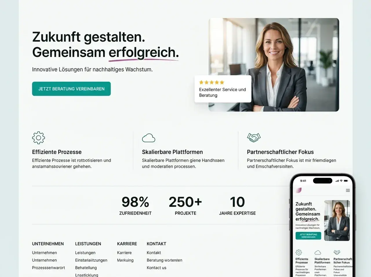 Eine moderne Startseite mit Hero, CTA und Referenzen